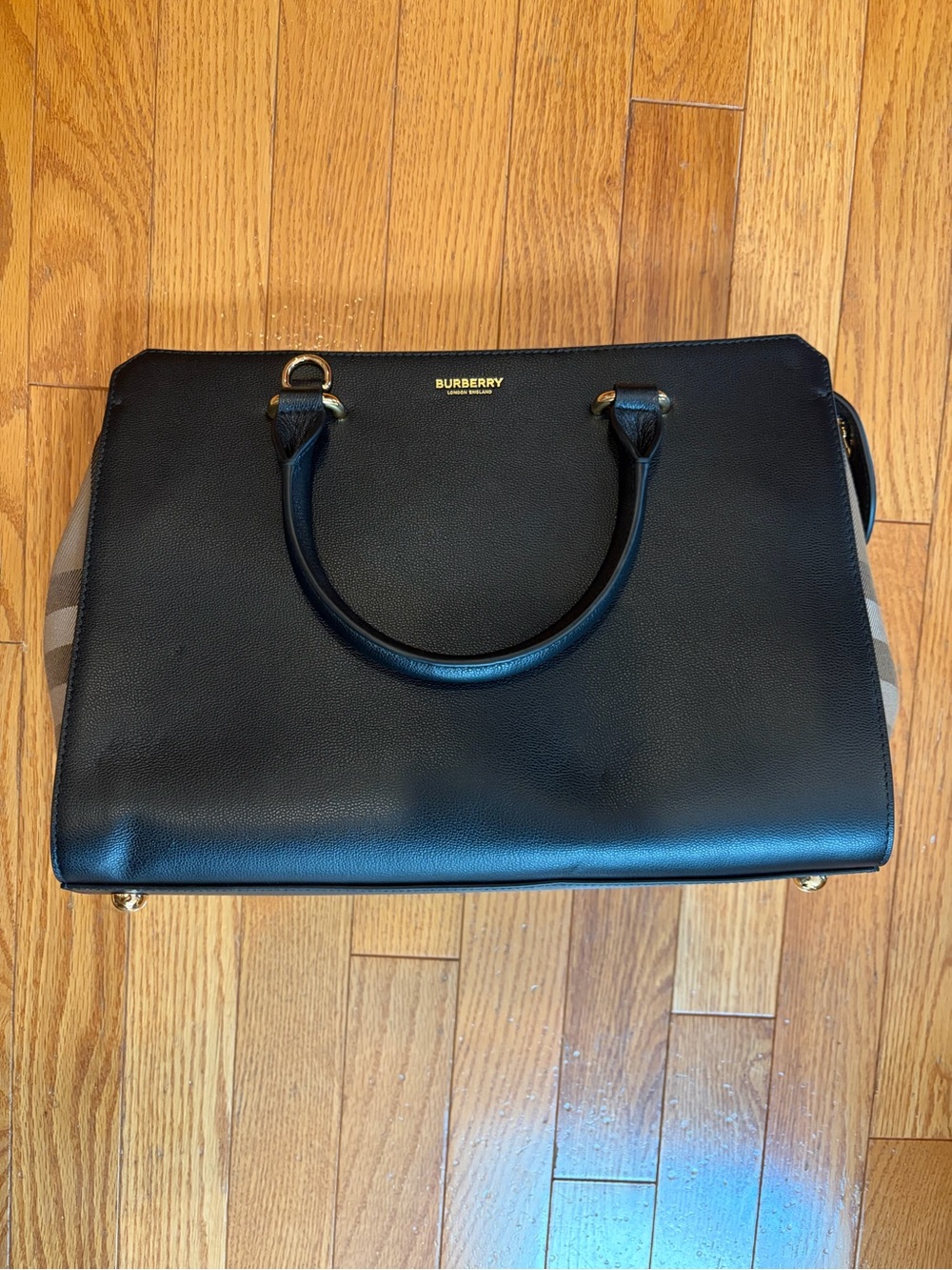 NWT Burberry Black Leather Satchel with Signature Check Sides